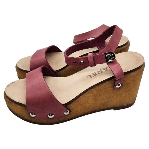 Chanel Chunky Platform Wedge Sandals 35.5 5 Ankle Strap Purple Pink Leather 70s - Picture 5 of 9
